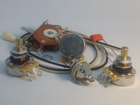 Component parts: 5-way switch, pots, capacitor, jack, wires.